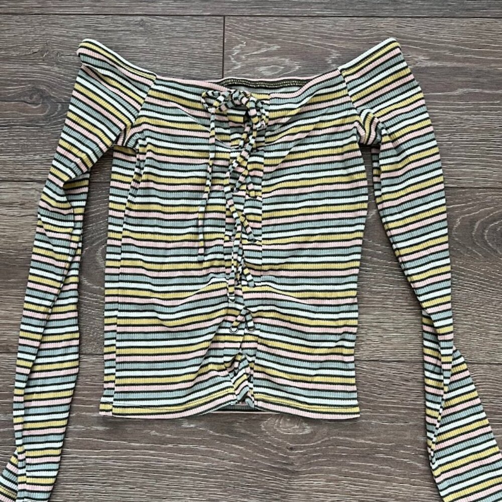 Aeropostale Seriously Soft Long Sleeve Striped Lace Up Off Shoulder Top Size XS